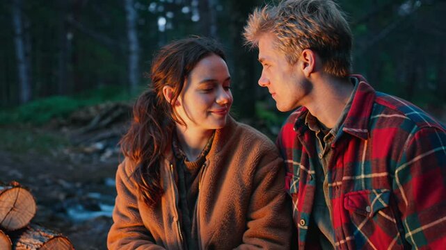 Young couple sharing romantic moments by campfire in forest