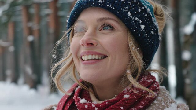 Woman wearing winter clothes enjoys snowfall in a forest