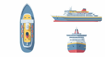 Cruise ship illustrations set, ferry boat side, top and front view isolated on white