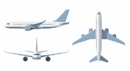 Airplane illustrations set, plane side, front, and top view, isolated on white background