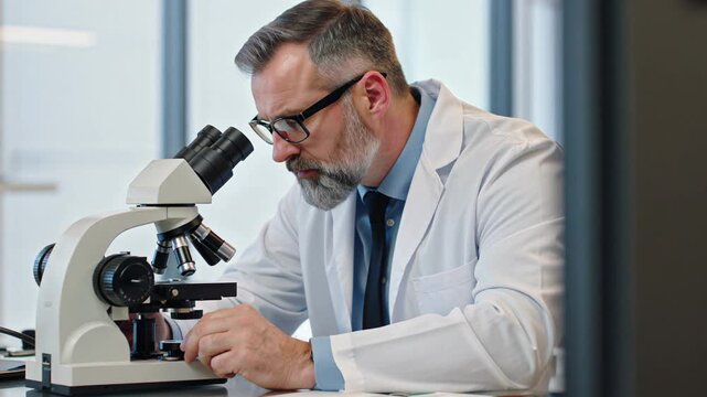 Medical researcher using microscope in modern laboratory