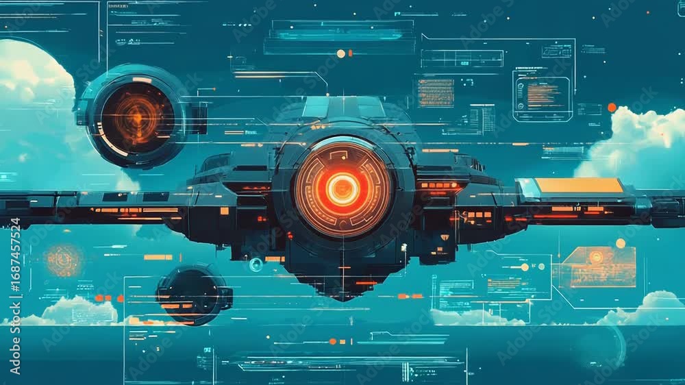 Wall mural futuristic spaceship flying over alien planet with head up display