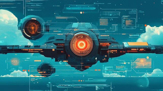 Futuristic spaceship flying over alien planet with head up display