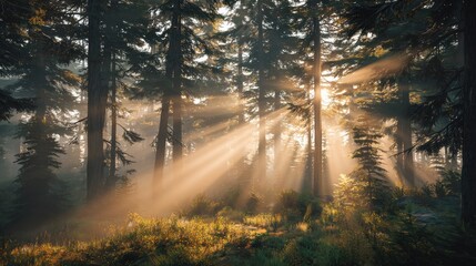 Obraz premium sunbeams piercing through foggy pine forest at sunrise in a tranquil natural landscape