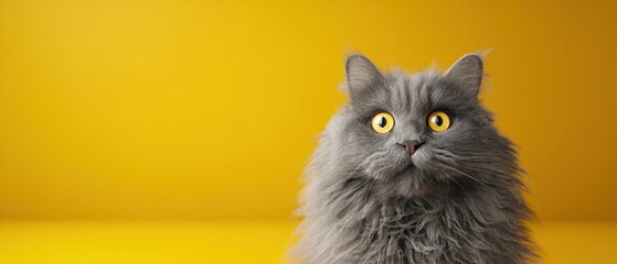 The adorable grey cat with big yellow eyes against a vibrant yellow background.