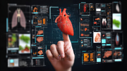 Realistic hand touching holographic 3D heart with medical data panels and organ analysis interface in futuristic clinical visualization conveying advanced diagnostic emotion