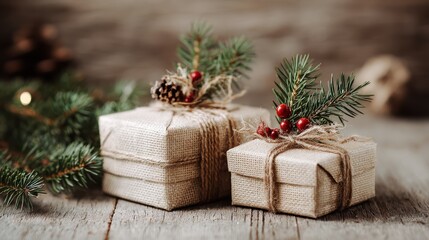 christmas gift boxes with decorated fir tree branches  no logos no brands ar 169