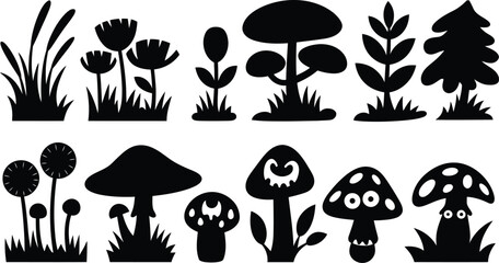 Cartoon Nature Silhouette Vector Set – Trees, Flowers, Grass and Mushrooms Illustration