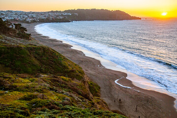 Scenic View of Baker Beach and the Pacific Ocean at Sunset in San Francisco, California