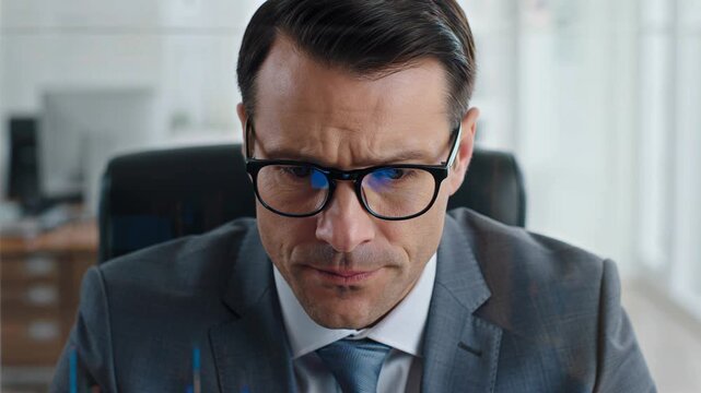 Pensive businessman analyzing data on computer screen in office