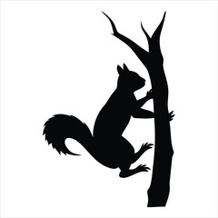 Black silhouette of a squirrel climbing a tree trunk