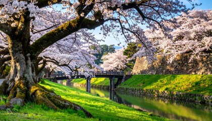 Cherry blossoms over a tranquil moat