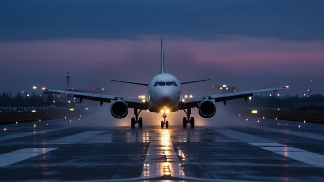 Plane on wet runway and smoky turbin at night