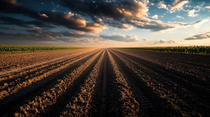 Vast plowed field under a dramatic cloudy sky at sunset, agricultural landscape