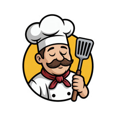 Cartoon chef holding a spatula with a yellow circle background isolated on transparent background