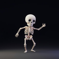 Playful Cartoon Skeleton Performing a Lively Dance Routine on a Dark Minimalistic Stage in 3D Animation