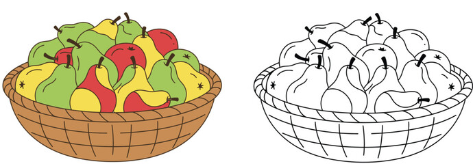 Cartoon Basket of Pears and Apples with Outline for Coloring and Autumn Harvest Themes
