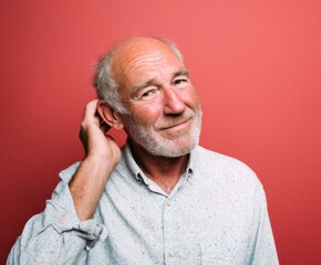 Obraz premium Thoughtful senior man with a light gray shirt, against a bold coral background, subtly touches his ear, exuding a contemplative mood.