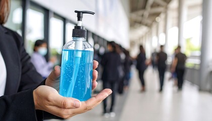 Person holding hand sanitizer bottle in public walkway