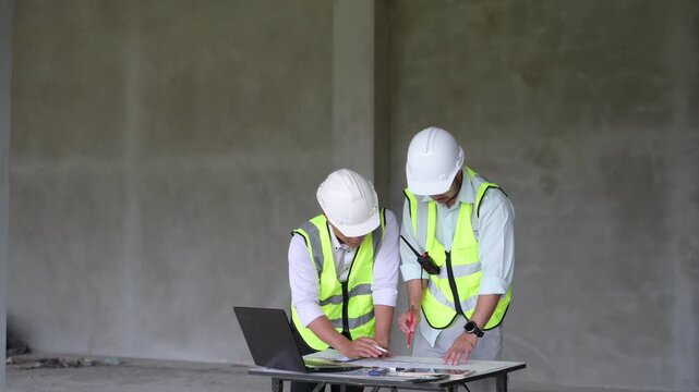 Two construction engineers discussing project plans using a digital tablet, with a laptop on the table in an unfinished building. Perfect for themes of collaboration and smart construction.
