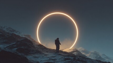 Fototapeta premium astronaut gazing at glowing ring alien landscape