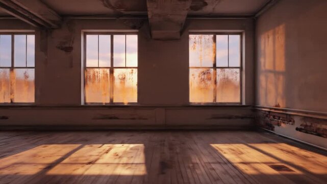 Warm sunlight streaming through dusty windows in an empty room, creating a serene atmosphere