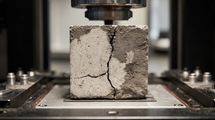 concrete cube on compression test within a universal testing machine revealing a prominent crack this process scrutinizes building material strength and structural integrity in civil engineering
