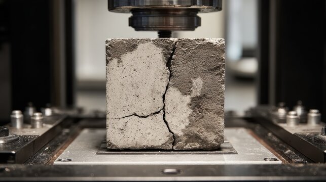 concrete cube on compression test within a universal testing machine revealing a prominent crack this process scrutinizes building material strength and structural integrity in civil engineering