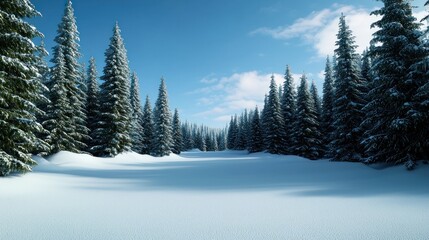 A serene winter landscape unfolds with snow-laden evergreen trees lining a pathway under a bright, partly cloudy sky