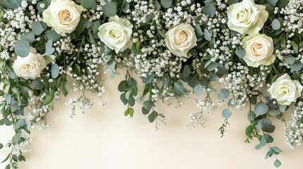wedding backdrop greenery white roses eucalyptus babys breath ivory beige background natural design