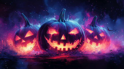Fototapeta premium Spooky pumpkins glowing in the dark during Halloween festivities in a mystical landscape