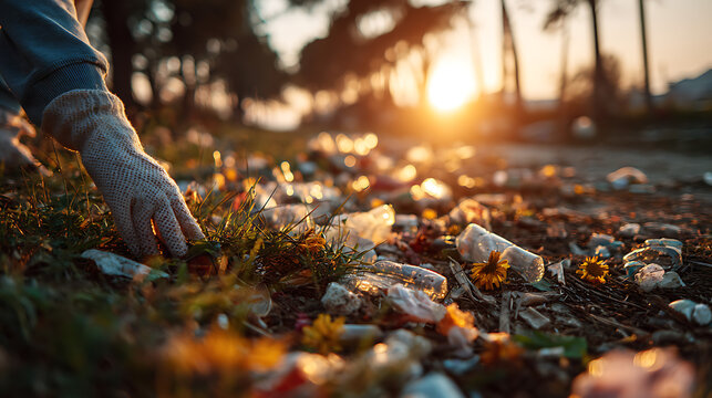 volunteer woman cleaning nature parade from plastics at sunset keeping parks clean eco friendly sustainable environment green ecology conservation outdoor activity responsible citizen planet care