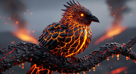 A mythical phoenix bird made of glowing lava and embers perched on a dark, gnarled branch with a smoky, fiery background