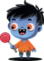 A little zombie boy is happy to receive a Halloween candy.