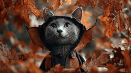 halloween concept cute gray cat in a bat costume surrounded by autumn leaves