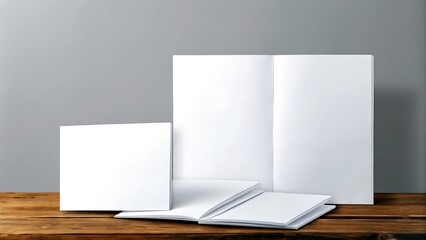 Naklejka premium White Open Brochure on Wooden Table Mockup