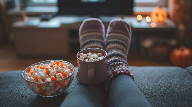 halloween holidays and leisure concept  young woman watching tv and drinking hot chocolate with marshmallow with her feet on table at cozy home no logos no brands ar 169
