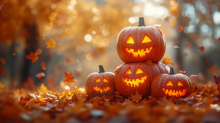 Festive pumpkins glow among colorful autumn leaves in a vibrant Halloween celebration
