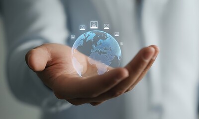 Digital holographic globe in human hand with futuristic interface icons, ideal for illustrating global technology, innovation, and worldwide communication concepts