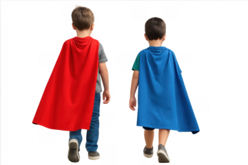 Two children wearing superhero capes walking away on transparent background