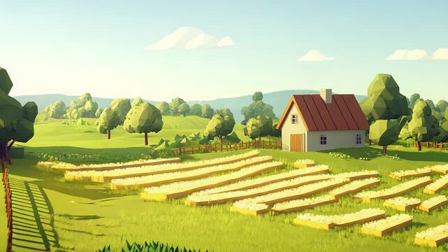 Low poly farm with harvested wheat field and country house at sunset
