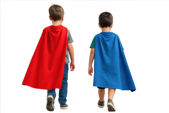 Two children wearing superhero capes walking away on transparent background - Powered by Adobe