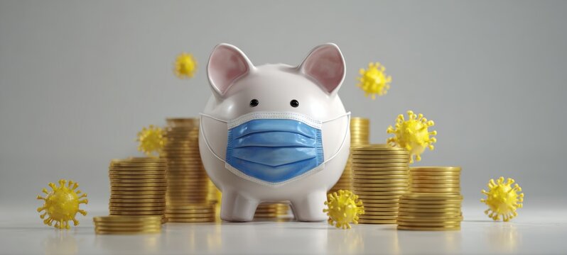 The piggy bank wearing a mask amid rising coins and virus illustrations.