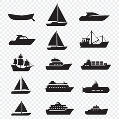 Silhouette Icons of Boats and Ships – Maritime Transport Vector Set and ship, boat, sailboat, icon, sail, vector, silhouette, illustration, water, cruise, sailing, nautical, symbol, transportation, 