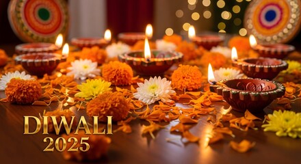 Beautiful Diwali 2025 Festival Celebration with Traditional Oil Lamps Diyas, Marigold and Chrysanthemum Flowers, and Rangoli Decoration in Warm Festive Lighting