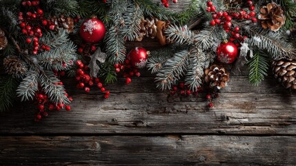 fir branches with christmas decor on old dark wooden background no logos no brands ar 169