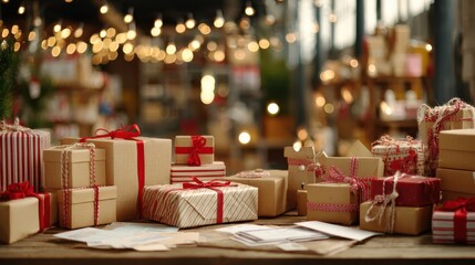 decorated merry christmas table with gifts boxes in warehouse interior background many presents wrapped with red ribbons and letters on desk in storage xmas postal shipping delivery concept no logos 