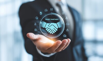 Businessman holding digital handshake icon with trust partner text, ideal for illustrating corporate partnership, client relations and professional business collaboration concepts