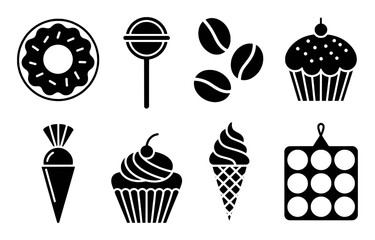 Collection of Sweet Treats and Baking Icons: Donut, Lollipop, Cupcakes, Ice Cream, and More