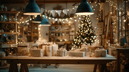 Fototapeta premium decorated xmas table with merry christmas gifts in cozy santa home interior banner happy new year presents boxes in workshop late in night with lights on xmas tree holiday eve background no logos no 